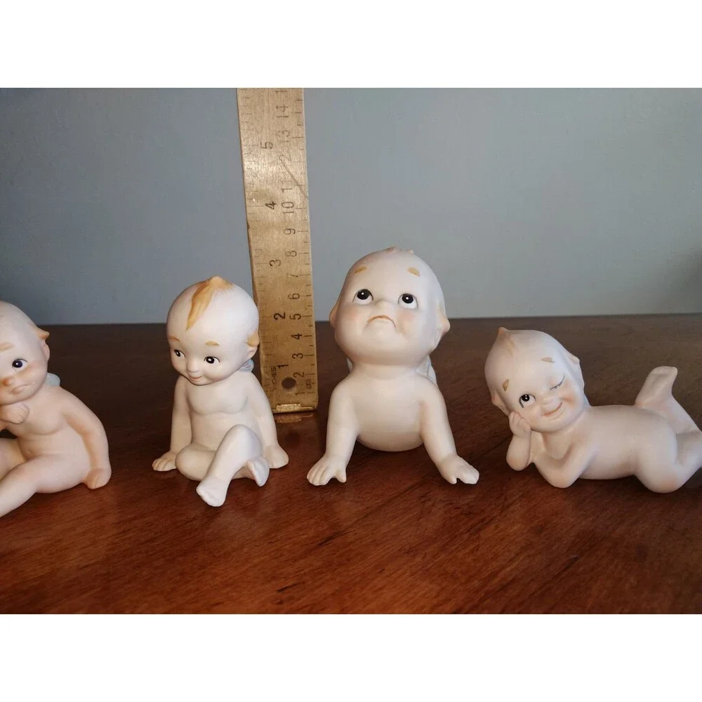 5x Vintage Lefton? Bisque Rose O'Neill Kewpie Doll Blue Wings 4 Mini + 1 Bigger
